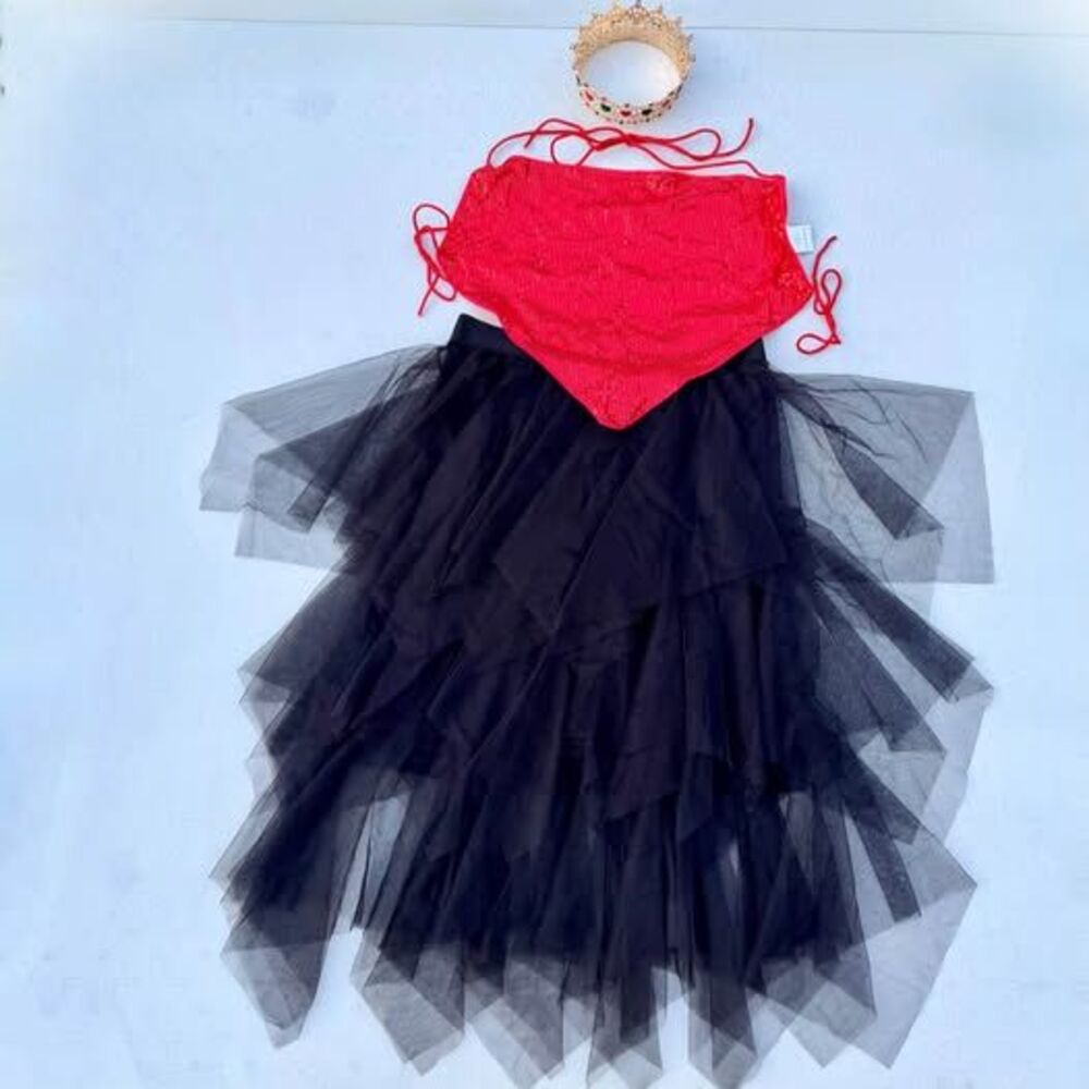 queen of hearts costume set red sequin top black tulle skirt crown